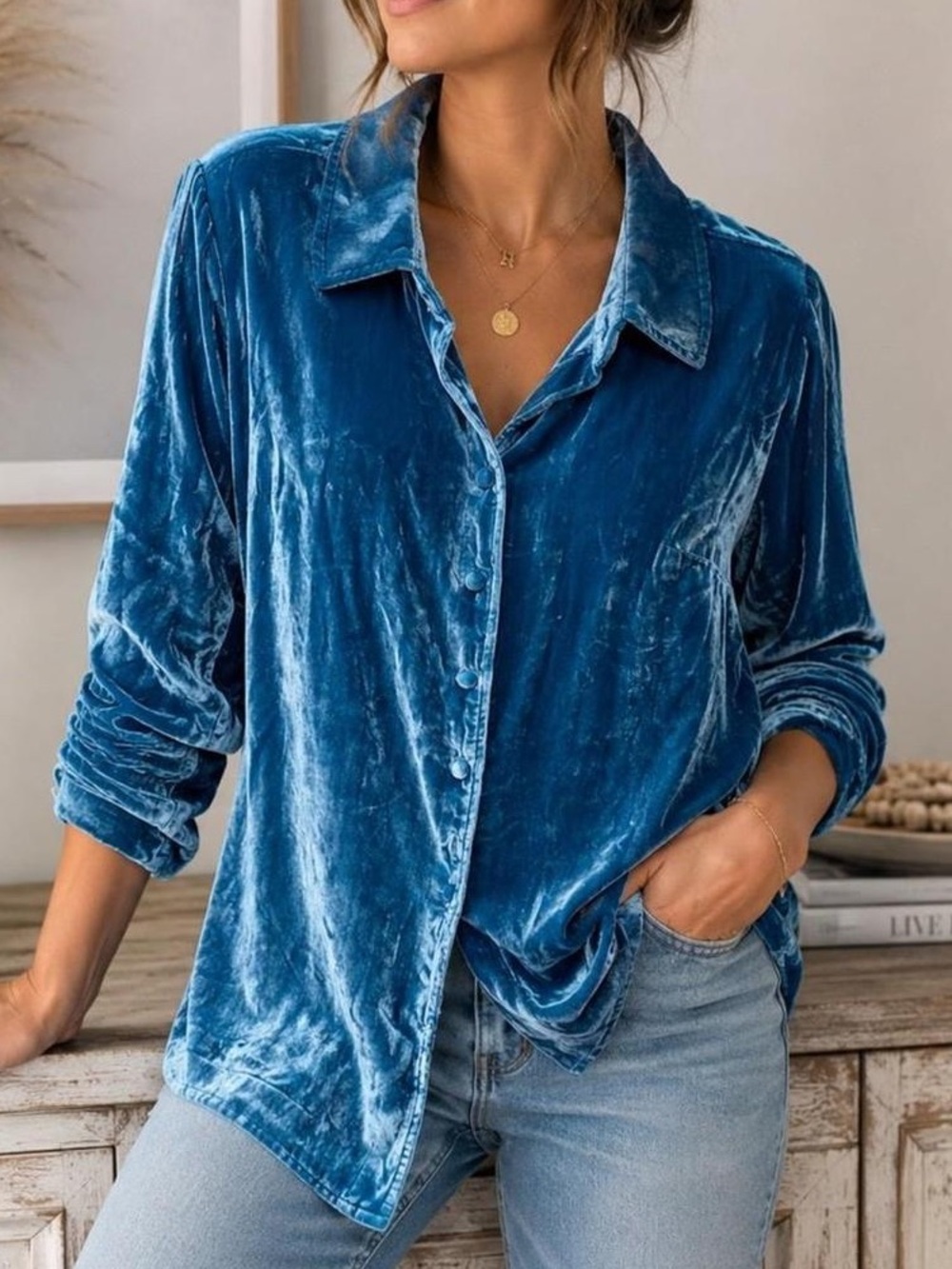 Soft Surroundings Icon Silk Velvour Poets Tunic Cobalt Blue Velvet Button Front
